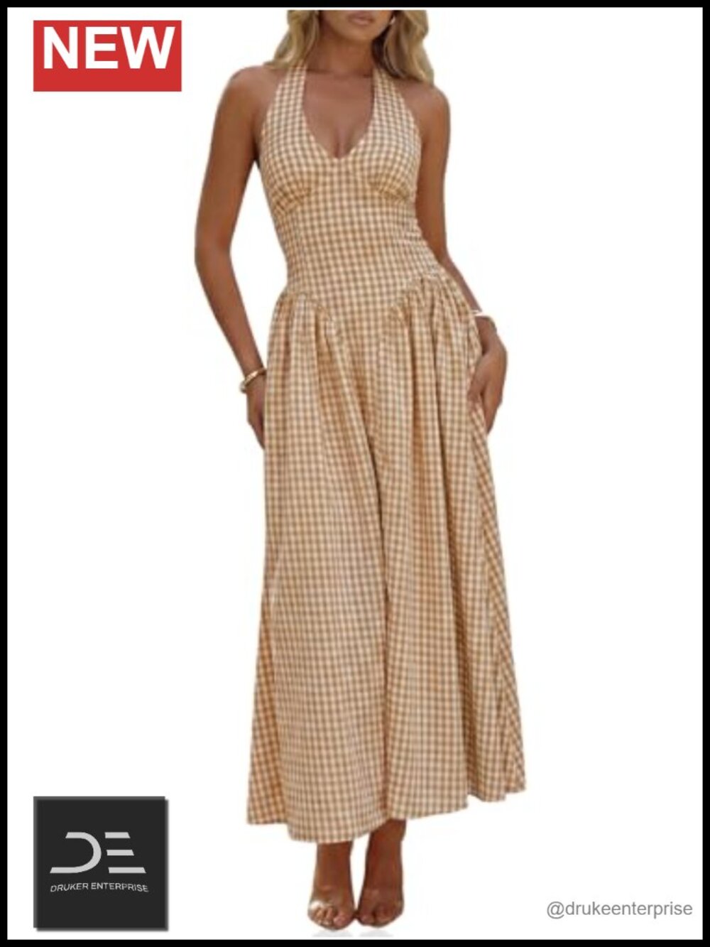 Womens Halter V Neck Corset Maxi Dress Plaid Smocked Backless A-Line Summer